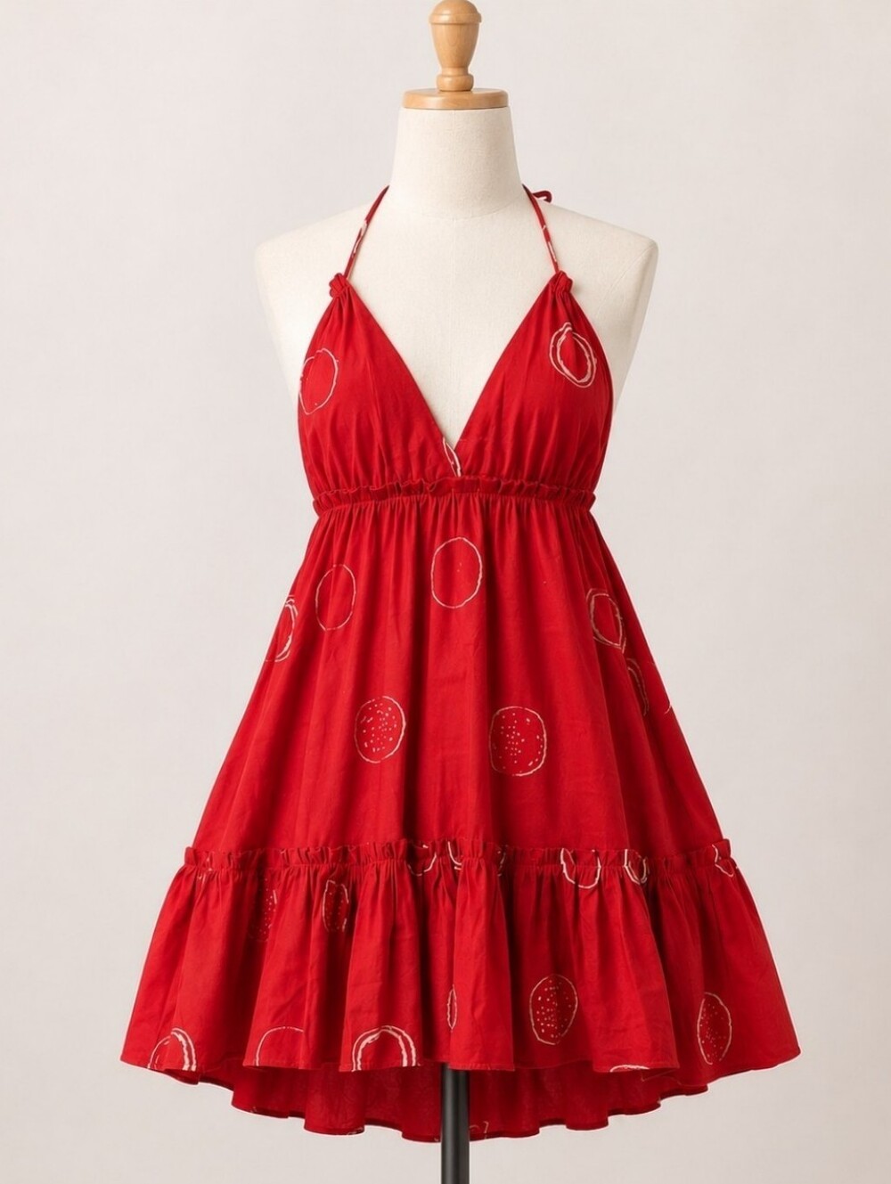 NEW Eva Franco Red Halter Dress sz 4 Cotton Mini Circle Print Hi Low Ruffle Hem